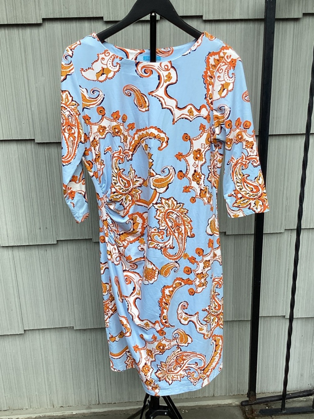 Light Blue Paisley Midi Dress with Side Ruching